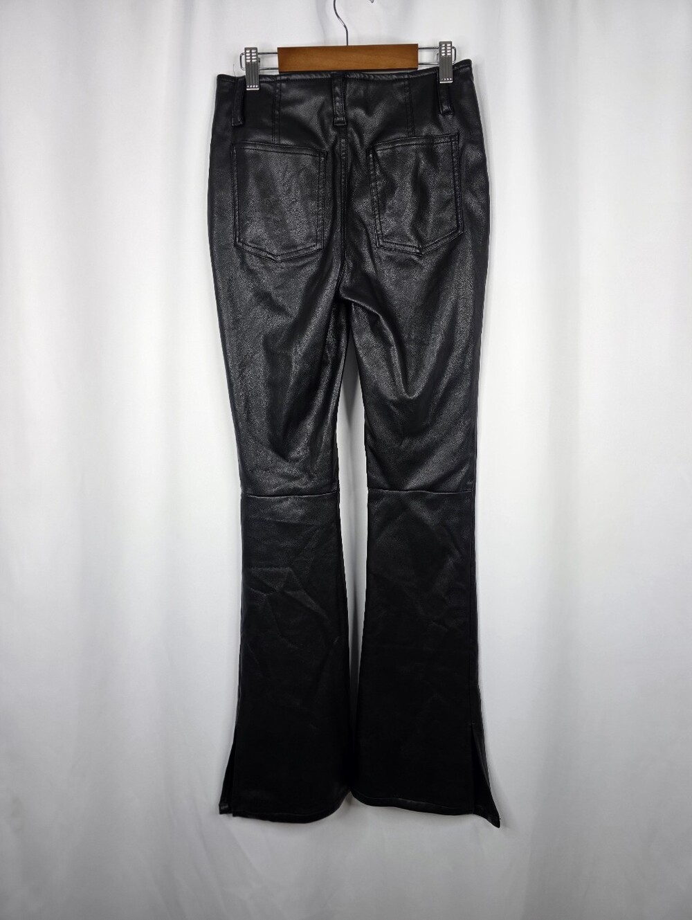 We The Free Black Faux Leather Flare Pants Slit Sides Curve Hugging Slim Size 26 - Picture 11 of 16